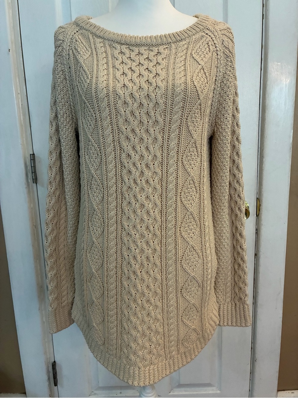 L.L. Bean Signature Cotton Fisherman Tunic Sweater Cream Cable Knit Size M